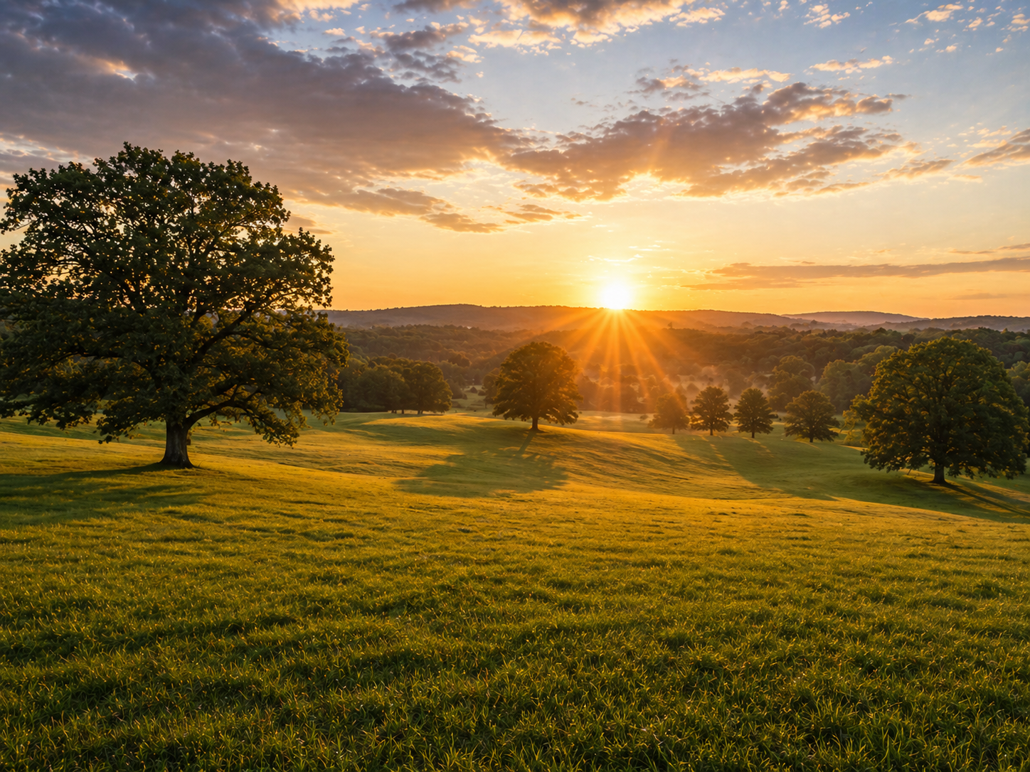 Sunrise over an open Tennessee field bordered by trees